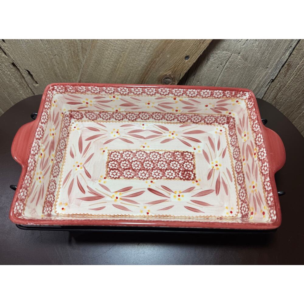 Temptations By Tara Old World Red 2.5 Quart Rectangle Baking Dish Rack Trivet - Picture 7 of 8